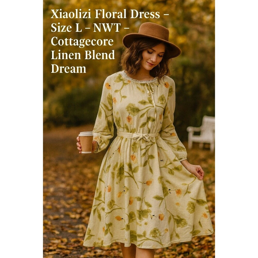 XIAOLIZI Handmade Floral Linen Dress - Size L - NWT - Boho Cottagecore Autumn